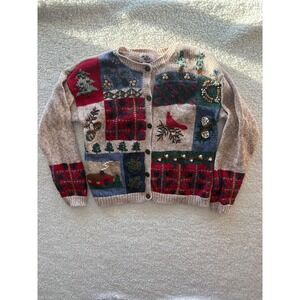 Nutcracker Vintage Christmas Patchwork Cardigan Sweater Cardinal Trees Women S